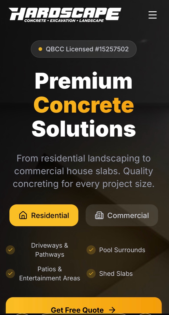 Hardscape concrete, excavation and landscape website on a mobile screen