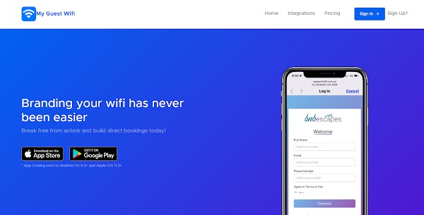 My Guest Wifi platform website showing a branded guest WiFi experience
