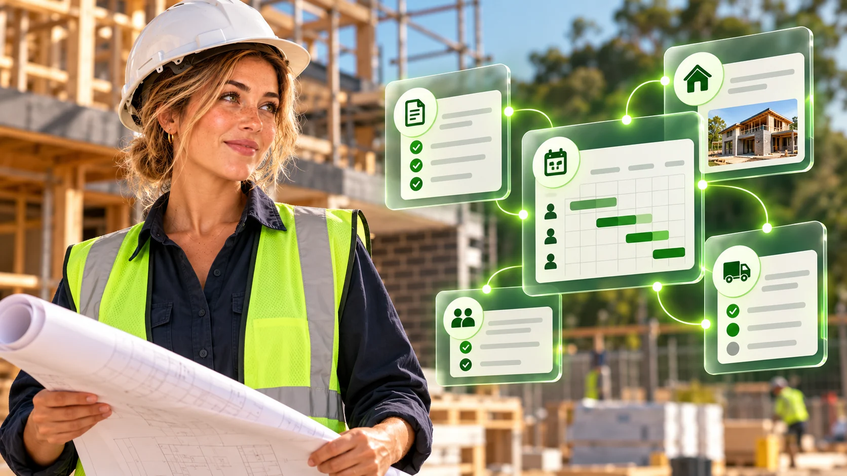 Brand model in high-visibility workwear and hard hat holding plans beside illustrated job scheduling panels