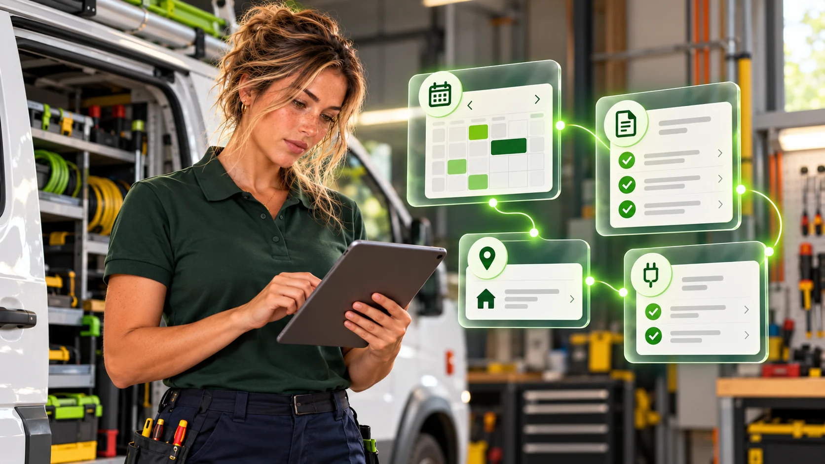 Brand model in electrical trade workwear reviewing a tablet beside a service van and illustrated job records
