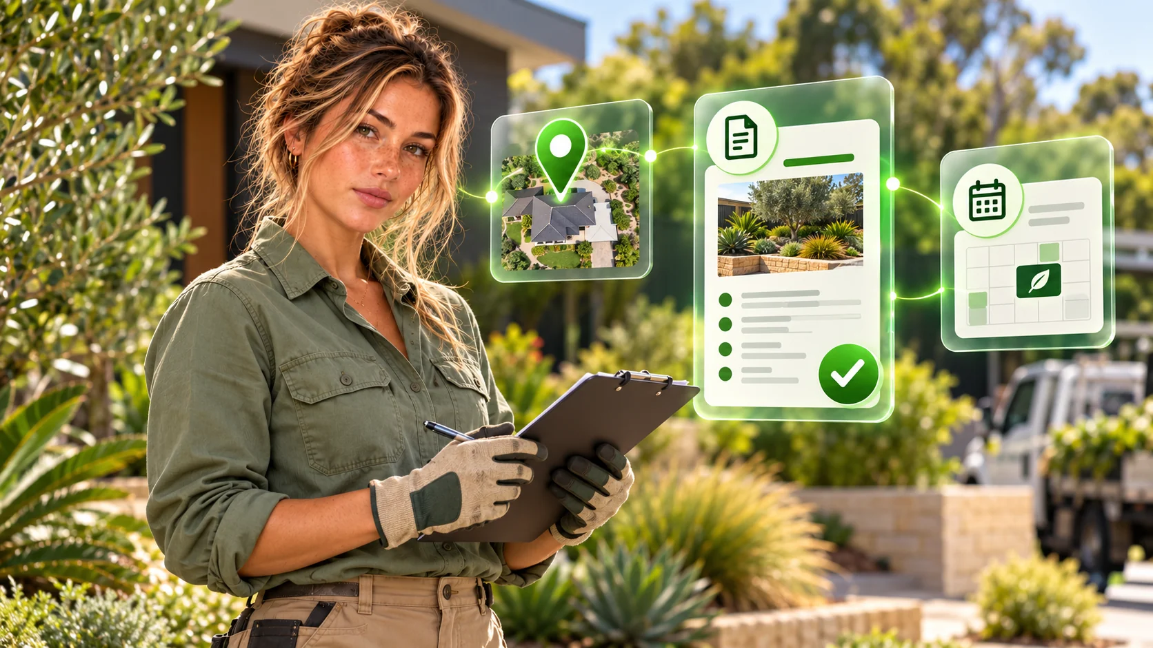 Brand model in landscaping workwear with a clipboard and illustrated local job and quotation panels