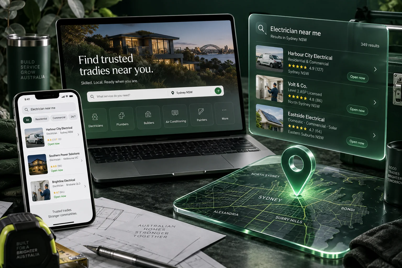 Dimensional local search listing panels and location marker