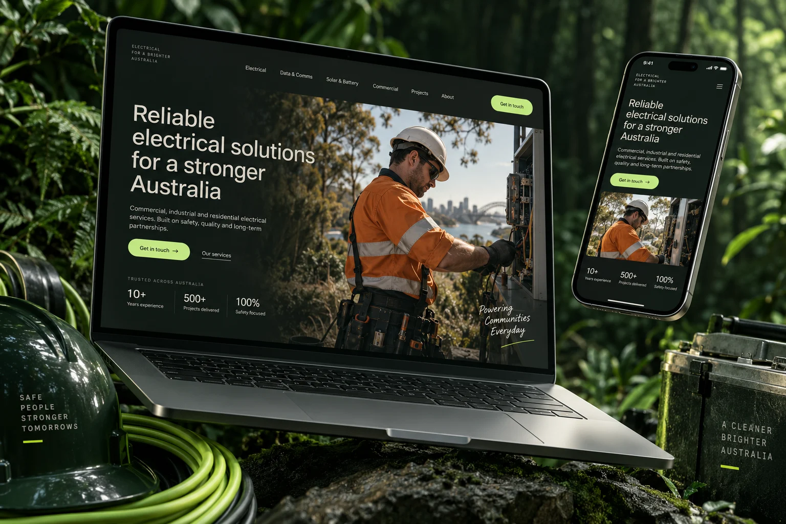 Realistic laptop and phone mockup showing an Australian electrical business website concept