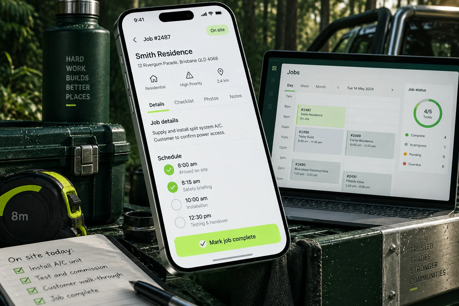 3D mobile job management screen with schedule and workflow elements